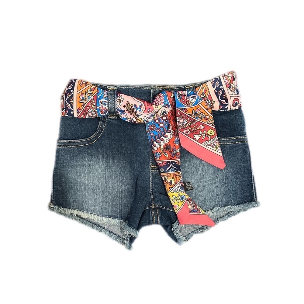 Toddler Denim Shorts W/ Paisley Print Scarf Belt